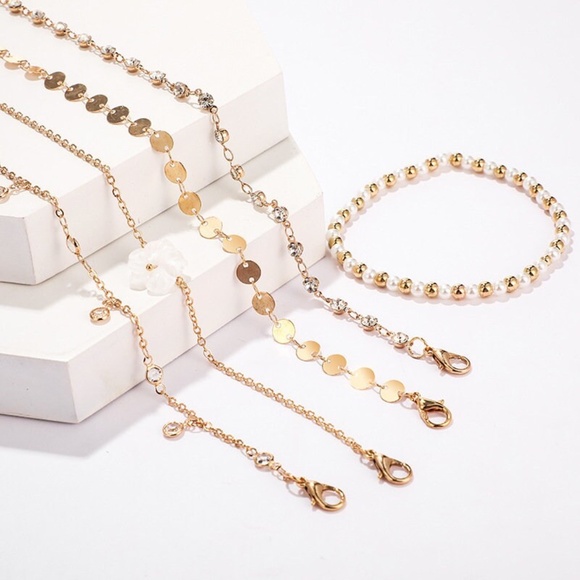 5 Piece Gold Anklet, Flower Pendant, Disc Chain, Bead Anklet Set - Picture 3 of 9